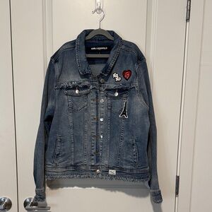 Karl Lagerfeld Faded Blue Denim Jacket with Embroidered Patches